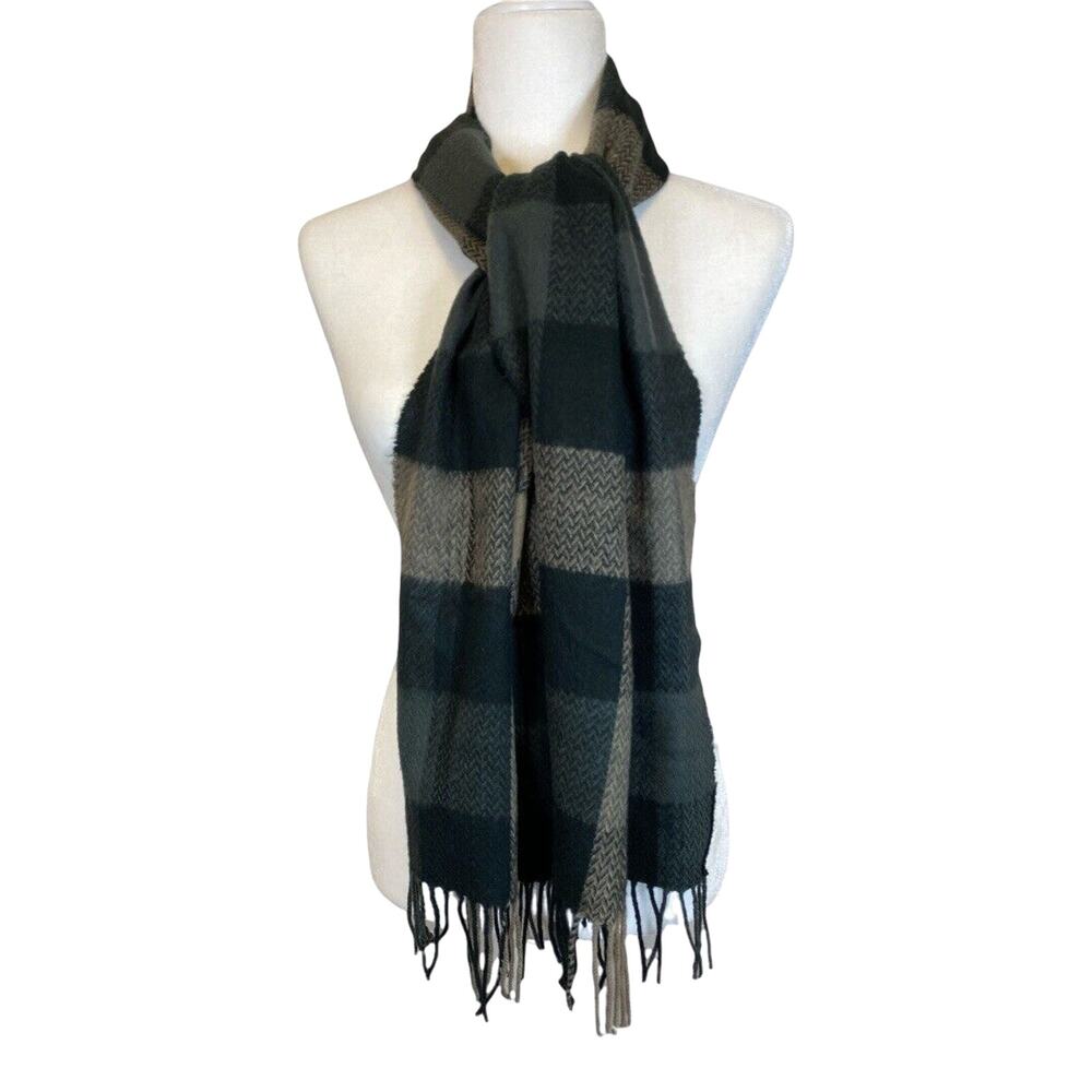 Scotland 100% Cashmere Black/Gray/Tan Plaid Fringed Neck Scarf 64" x 12"